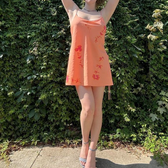 Orange and pink floral mini slip dress with lace up side and low back - Picture 8 of 8